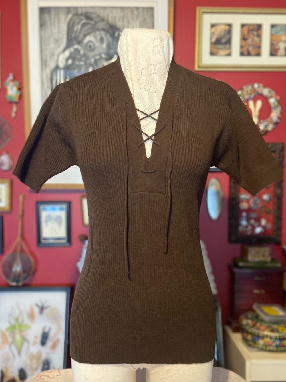 Vintage Chocolate Brown Lace Up Short Sleeve Sweater 60's to 70's Ann Robin
